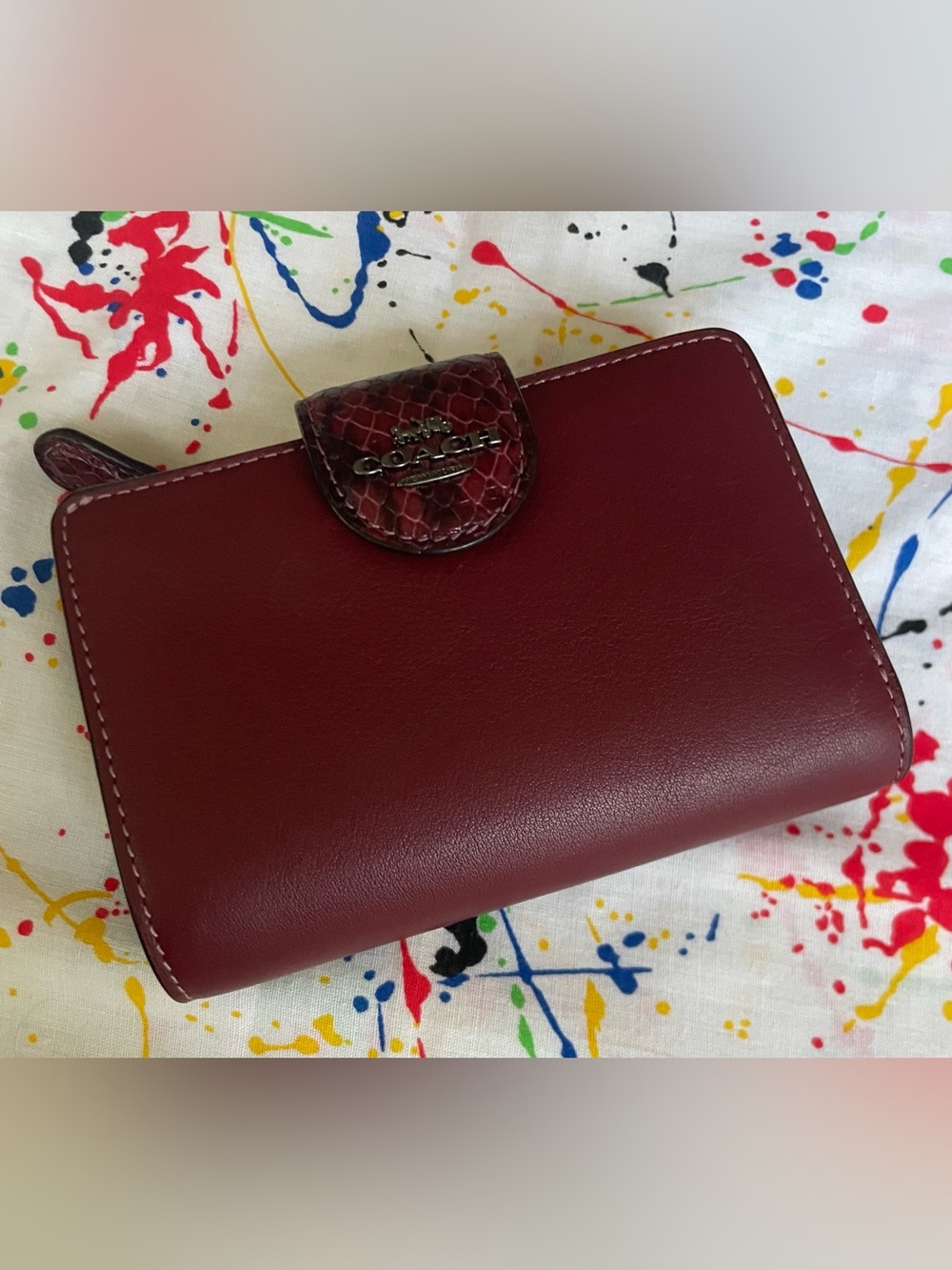 COACH Red/Burgundy Leather Wallet with Snakeskin-Trim Snap